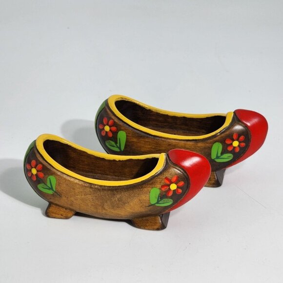 Miniature Hand Painted Vintage Wooden Clogs With Floral Design Red Tips Pair - Picture 1 of 12